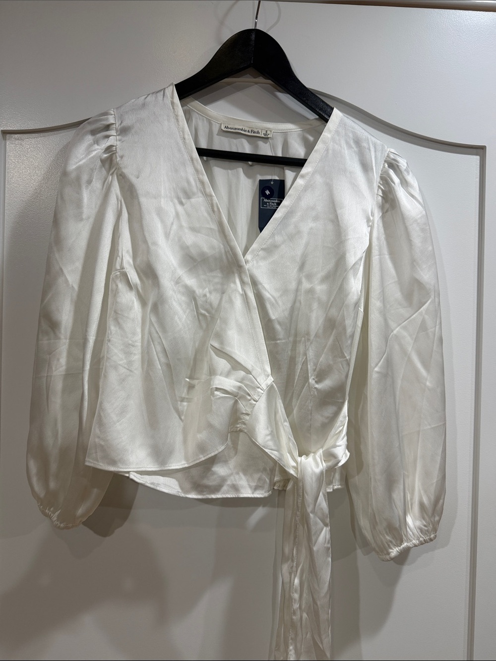 Abercrombie & Fitch White Wrap Tie Blouse with Puff Sleeves